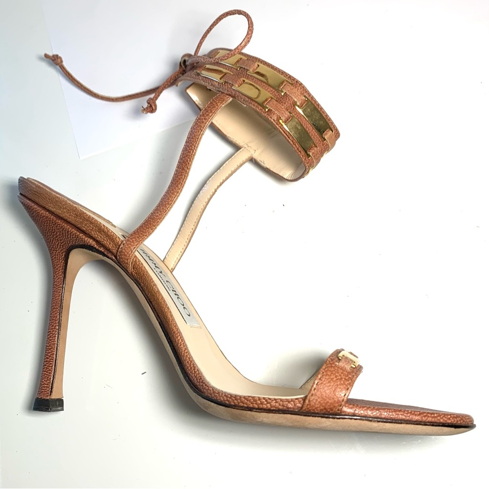 Jimmy Choo Brown Leather Gold Strappy Ankle Tie Sandal Heel Size 38 1/2 - Picture 7 of 9
